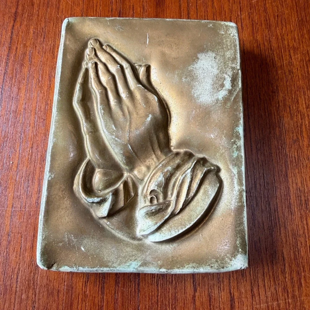 Vintage Praying Hands Plaster Wall Plaque Gold Patina Religious Art Spiritual